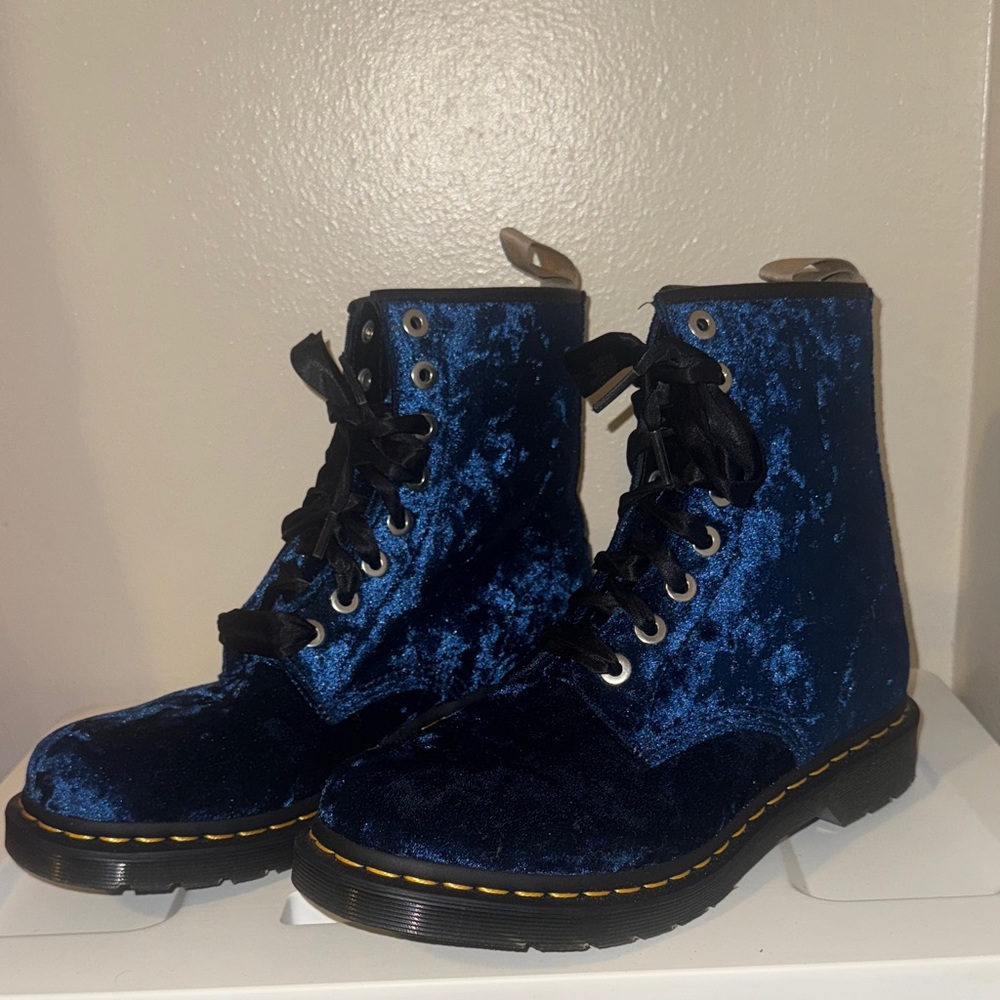 Dr. Martens Velvet Combat Boots in Deep Blue